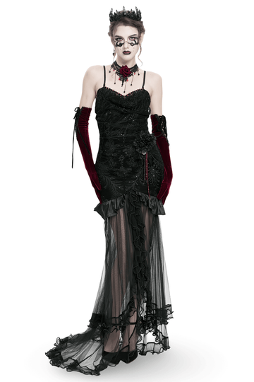 Elegant Gothic Velvet High-Low Dress with Sheer Black Mesh